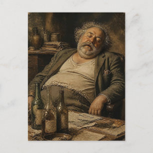 Cartão Postal Homem Dormindo e Garrafas de Vinho