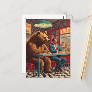 Cartão Postal Homem Engraçado e Urso no Dinheiro Retroativo
