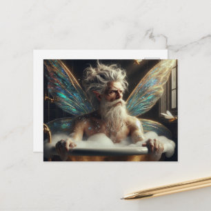 Cartão Postal Homem fada Cabelo Grisalho no Banho de Espuma