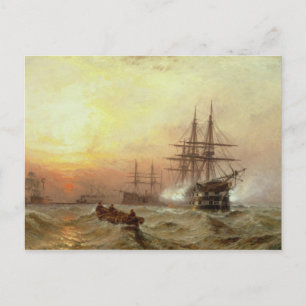 Cartão Postal Homem-guerra disparando saudação no pôr do sol