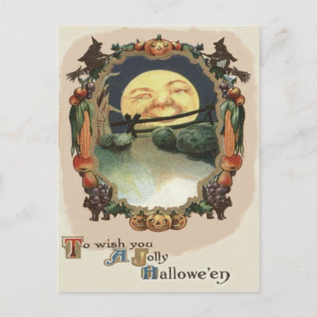 Cartão Postal Homem na Lua Abóbora de Halloween Bruxa (Frente)