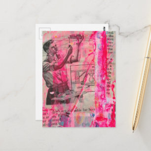 Cartão Postal Homem Retro Elétrico Trabalhando em um Fundo Rosa