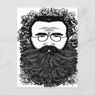 Cartão Postal Homem Whimsical Barba bigode flores arte