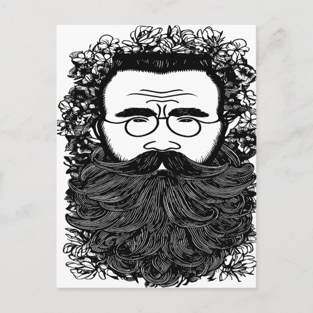 Cartão Postal Homem Whimsical Barba bigode flores arte (Frente)