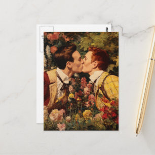 Cartão Postal Homens Gay beijando em um Jardim Flor