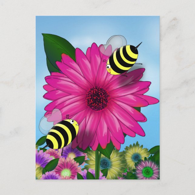 Cartão Postal Honey Bees Meeting on Pink Flower (Frente)