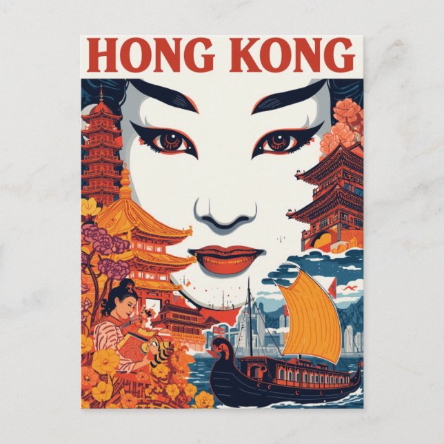 Cartão Postal Hong Kong Asia Vintage Travel Art (Frente)