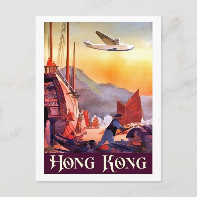 Cartão Postal Hong Kong, barcos no porto da cidade, companhia aé (Frente)