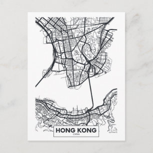 Cartão Postal Hong Kong, China Mapa da cidade de preto e branc
