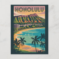 Honolulu Hawaii Ilustração Viagem Art Vintage