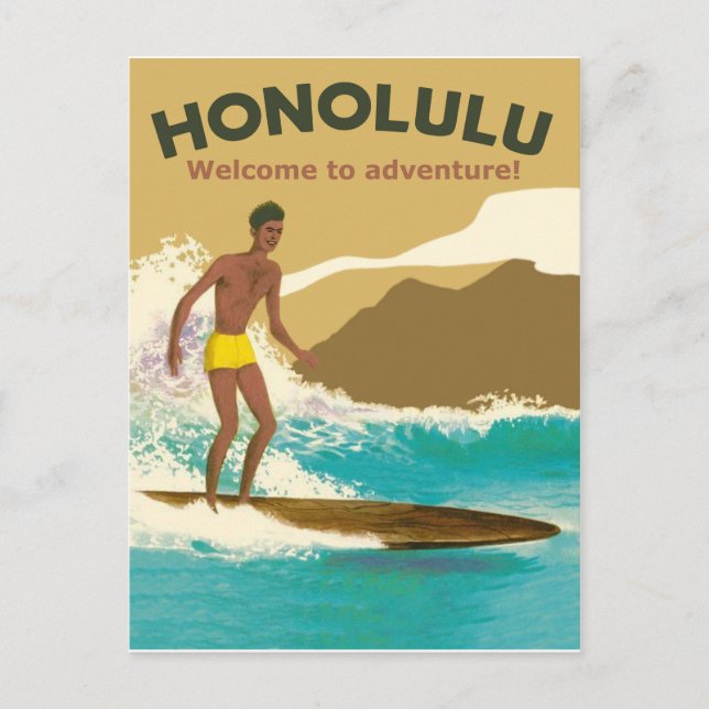 Cartão Postal Honolulu, surfando em ondas oceânicas (Frente)
