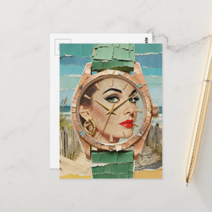 Cartão Postal Hora da Colagem Surrealista de Dama da Moda