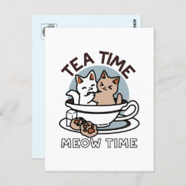 Cartão Postal Hora do Tea Meow - Design de Gato e Chá