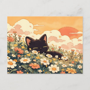Cartão Postal Hora Dourada Margarida Kawaii Gato Preto