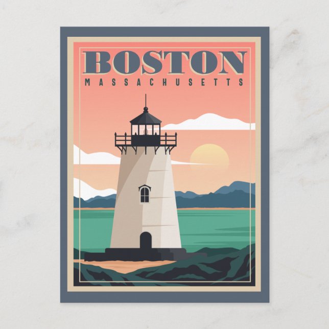 Cartão Postal Horizonte de Boston & Farol | Massachusetts (Frente)
