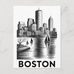 Cartão Postal Horizonte de Boston Massachusetts em Preto e Branc