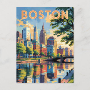 Cartão Postal Horizonte de Boston Massachusetts Viagem Arte Vint