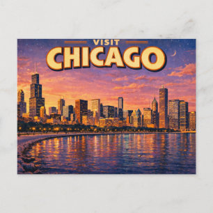 Cartão Postal Horizonte de Chicago e Lago Michigan à noite