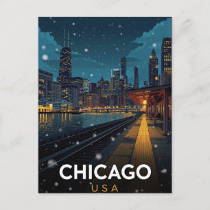 Cartão Postal Horizonte de Chicago EUA Noite de Inverno