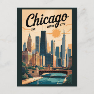 Cartão Postal Horizonte de Chicago Illinois Viagem Arte Vintage