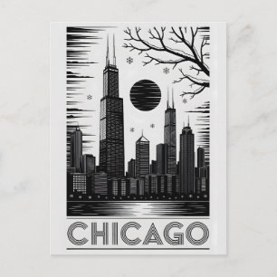 Cartão Postal Horizonte de Chicago Illinois Xilogravura Preto Br