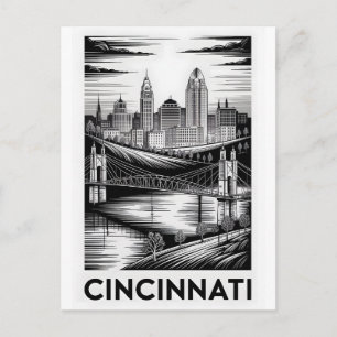 Cartão Postal Horizonte de Cincinnati Ohio Preto e Branco Xilogr