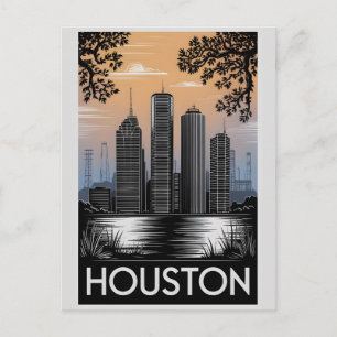 Cartão Postal Horizonte de Houston Texas Preto e Branco Xilograv