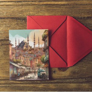 Cartão Postal Horizonte de Istambul Colorido em Aquarela