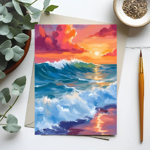 Cartão Postal Horizonte de Luz Ondas do Oceano Pôr do Sol Aqua