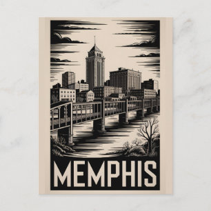 Cartão Postal Horizonte de Memphis Tennessee Preto Branco Xilogr