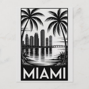 Cartão Postal Horizonte de Miami Flórida Xilogravura Preto Branc