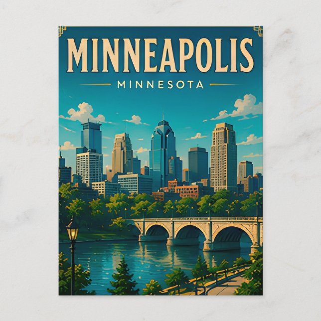 Cartão Postal 🌉 Horizonte de Minneapolis Minnesota e Rio (Frente)