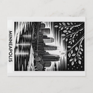 Cartão Postal Horizonte de Minneapolis Preto e Branco Xilogravur
