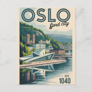 Cartão Postal Horizonte de Oslo Noruega Paisagem Urbana Retro Vi