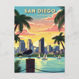 Cartão Postal horizonte de San Diego, Califórnia com gaivota