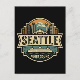 Cartão Postal Horizonte de Seattle Washington EUA Emblema Retro