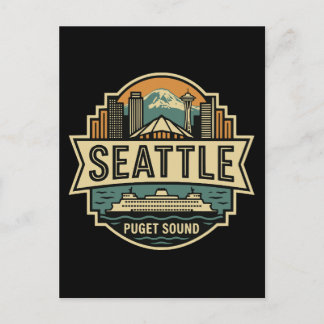 Cartão Postal Horizonte de Seattle Washington EUA Emblema Retro