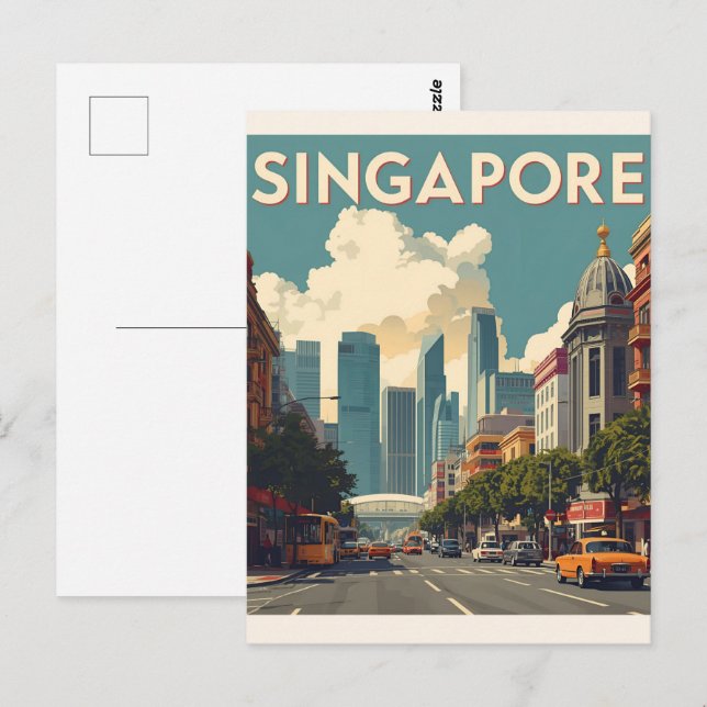 Cartão Postal Horizonte de Singapura retrô (Frente/Verso)