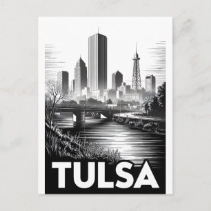 Cartão Postal Horizonte de Tulsa Oklahoma Preto e Branco Xilogra