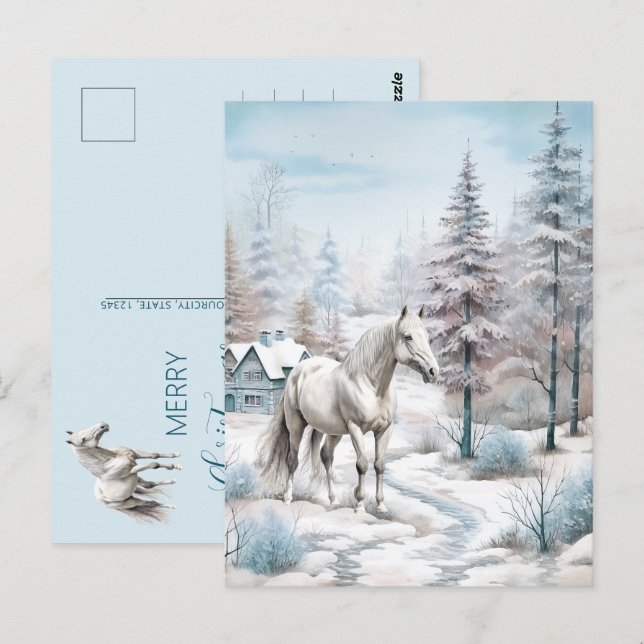 Cartão Postal Horse cena de inverno neve no Natal (Frente/Verso)