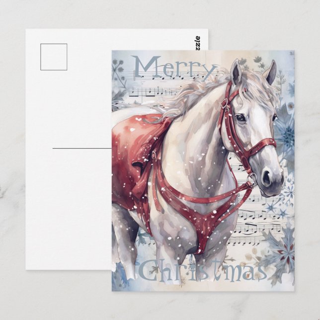 Cartão Postal Horse Winter Christmas Watercolor (Frente/Verso)