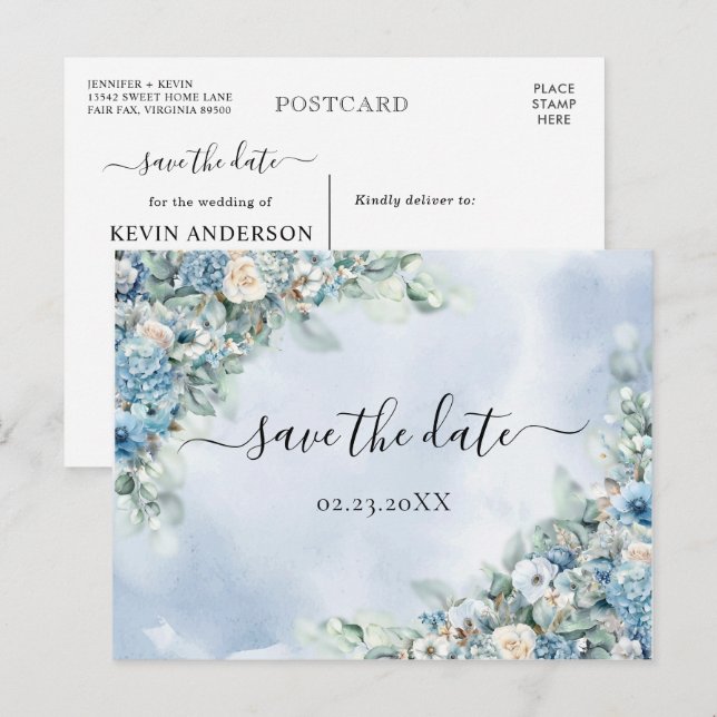 Cartão Postal Hortênsia Azul Empoeirada Rosas Brancas Salve a Da (Frente/Verso)