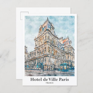 Cartão Postal Hotel de Ville Paris Viagem Watercolor Hand Drawn