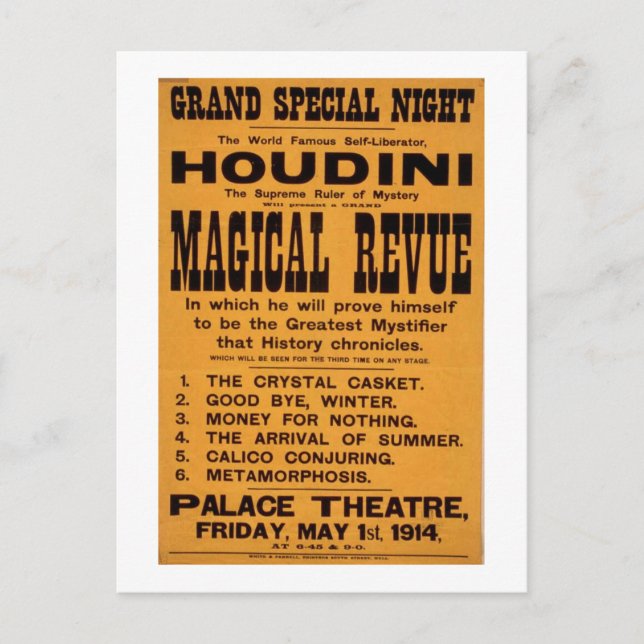 Cartão Postal Houdini poster (Frente)