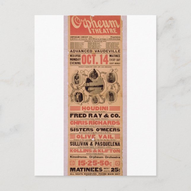 Cartão Postal Houdini, Teatro Retro 'Orpheuw' (Frente)