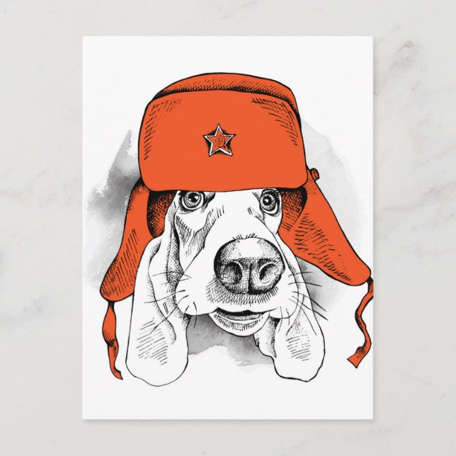 Cartão Postal Hound Basset | Red Ushanka Hat (Frente)