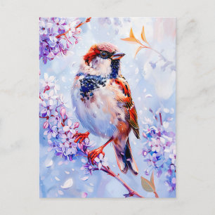 Cartão Postal House Sparrow em uma Arte Impressionista de Branch