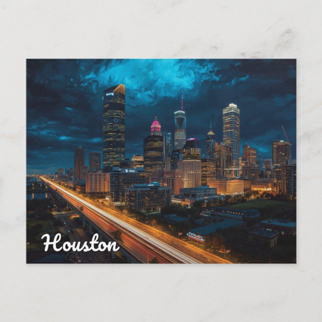 Cartão Postal Houston Texas Skyline Night Traffic (Frente)