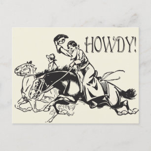 Cartão Postal Howdy com o Desenho Vintage de Cowgirl em Cavalos