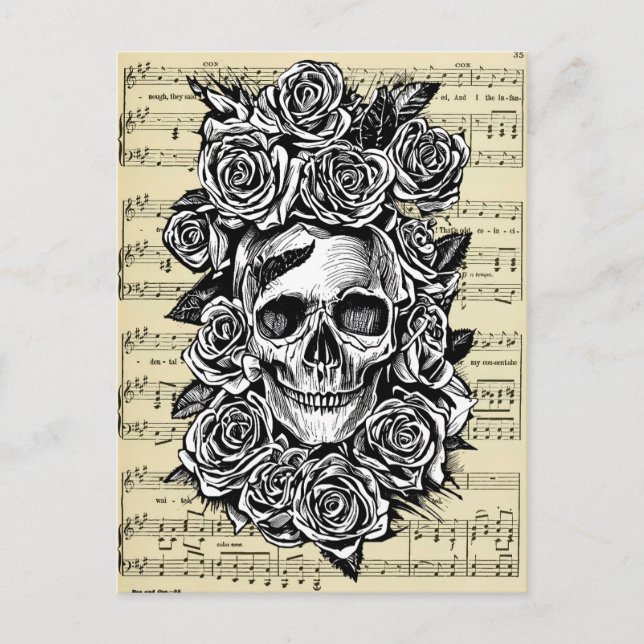 Cartão Postal Human Skull Roses Goth Biker Art Illustration (Frente)